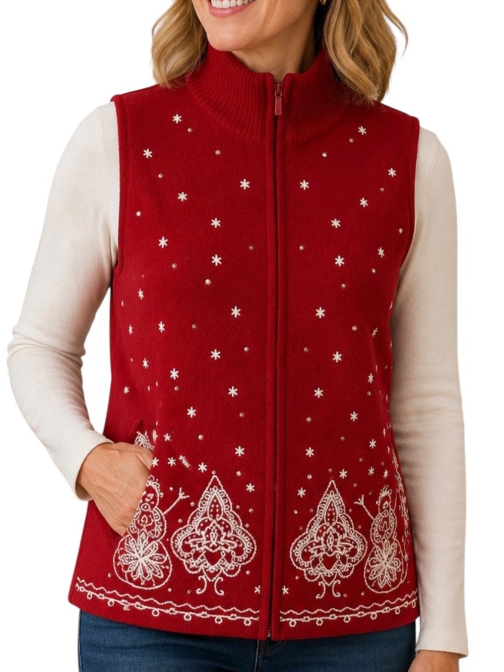 Talbots Women's Sz Medium Merino Wool Holiday Snowman Sweater Vest Zipper Red